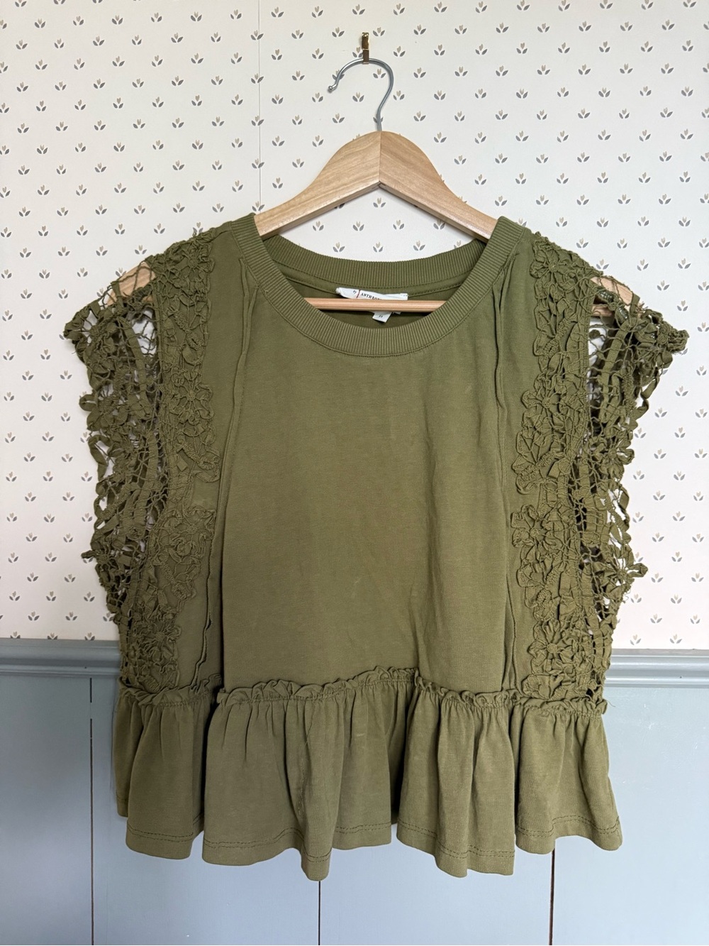 Anthropologie Olive Green Crochet-Sleeve Peplum Top